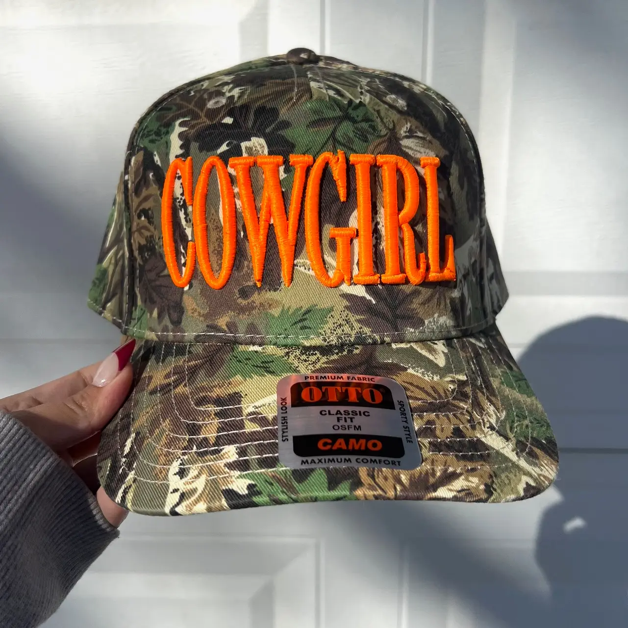Camo Neon Cowgirl Embroidered Trucker Hat