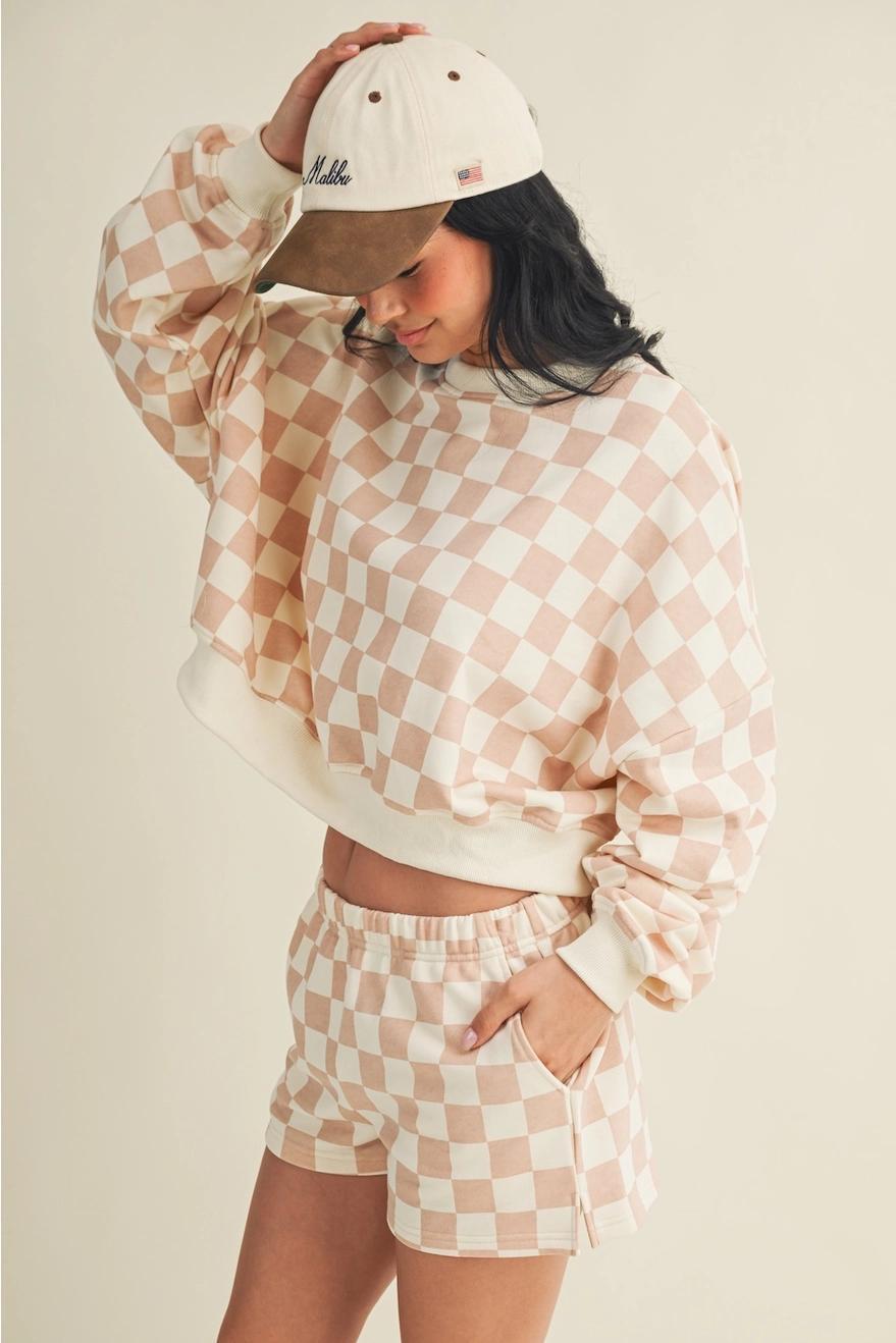 Checkered Print Crewneck Crop Sweatshirt