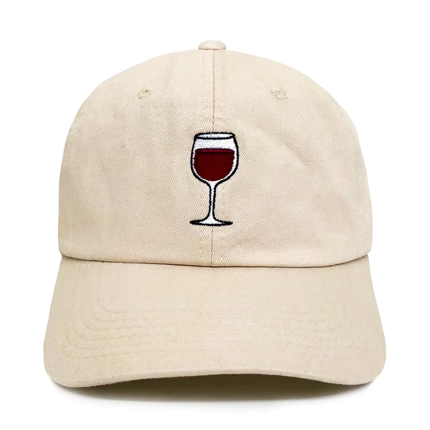 Wine Glass Embroidered Dad Hat - Sand Tan Cotton