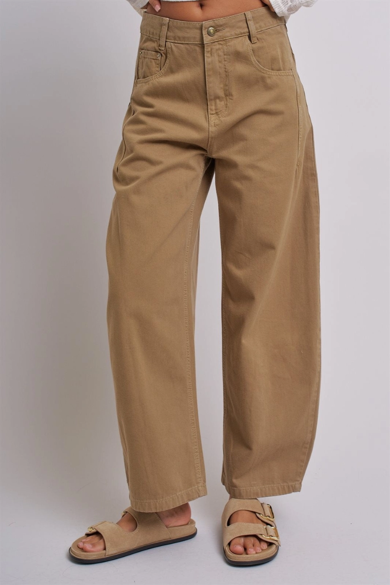 Cotton Barrel Leg High Rise Pants Camel - Front View