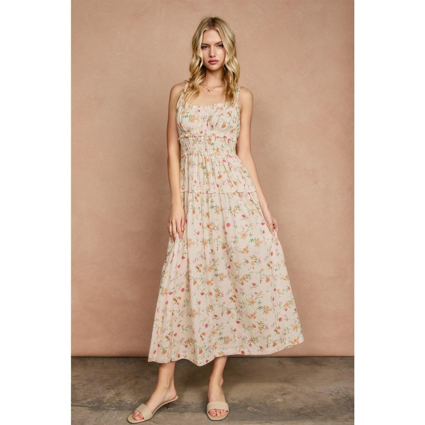 Honey Butter Shirred Midi Dress - Poppy Rose