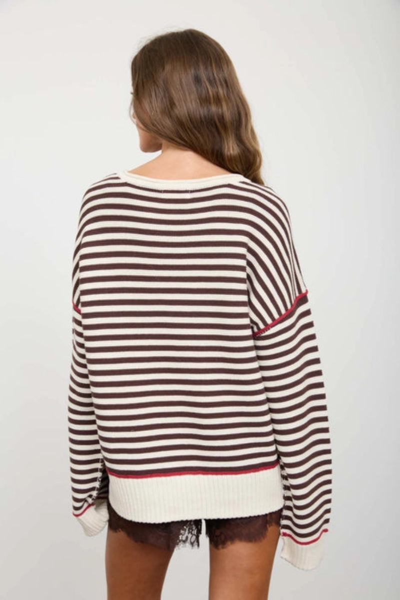 Stripe Contrast Stitch Raw Edge Knit Sweater - Back View