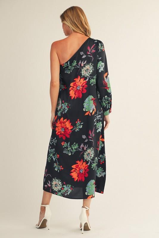 One Shoulder Floral Midi Dress - Black
