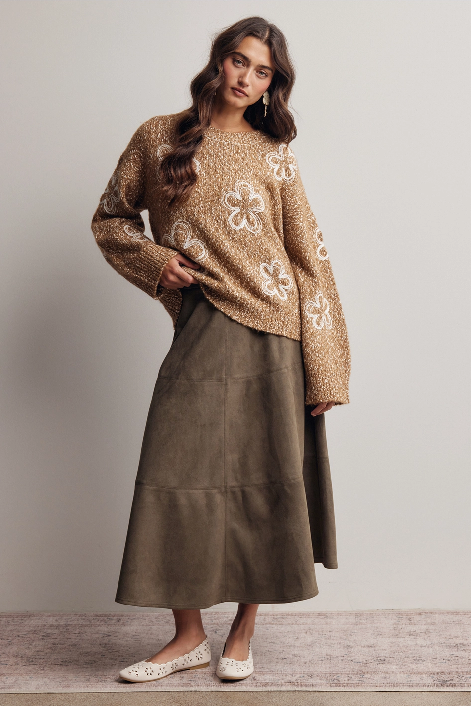 Stretched Suede A-Line Midi Skirt