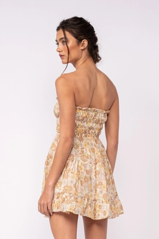 Floral Strapless Ruffle Trim Smocked Mini Dress