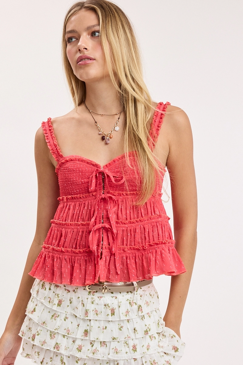 Clip Dot Sweetheart Tiered Ruffle Trim Cami Top