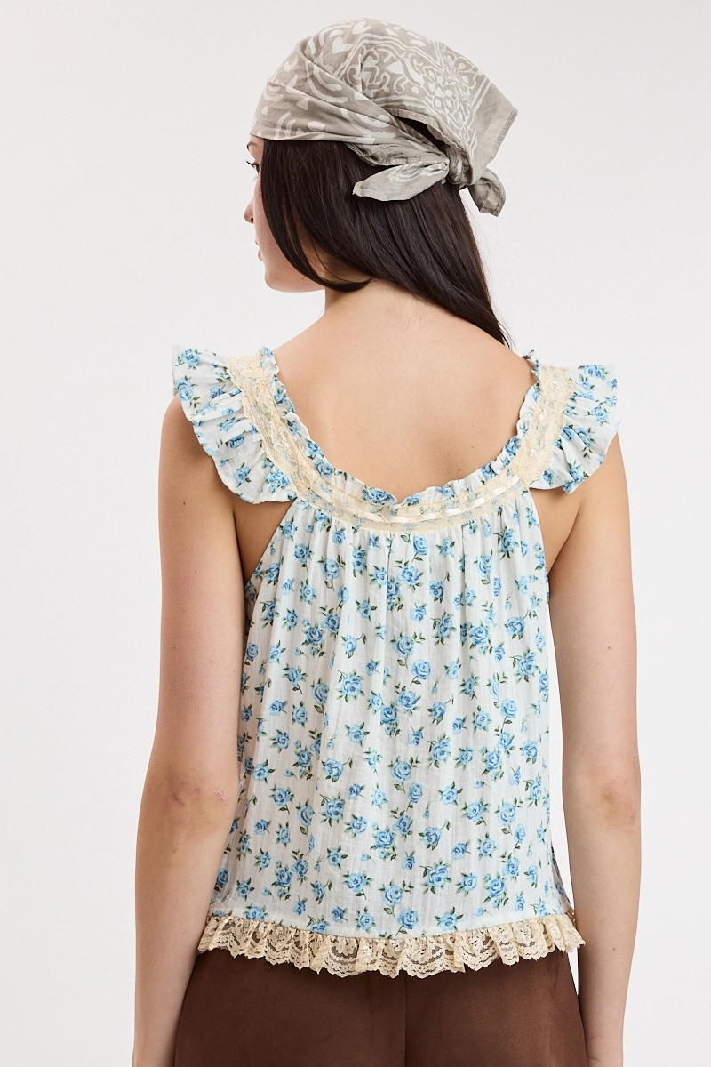Vivid Ditsy Floral Ruffle Wing Sleeve Cami Top - Blue Vivid