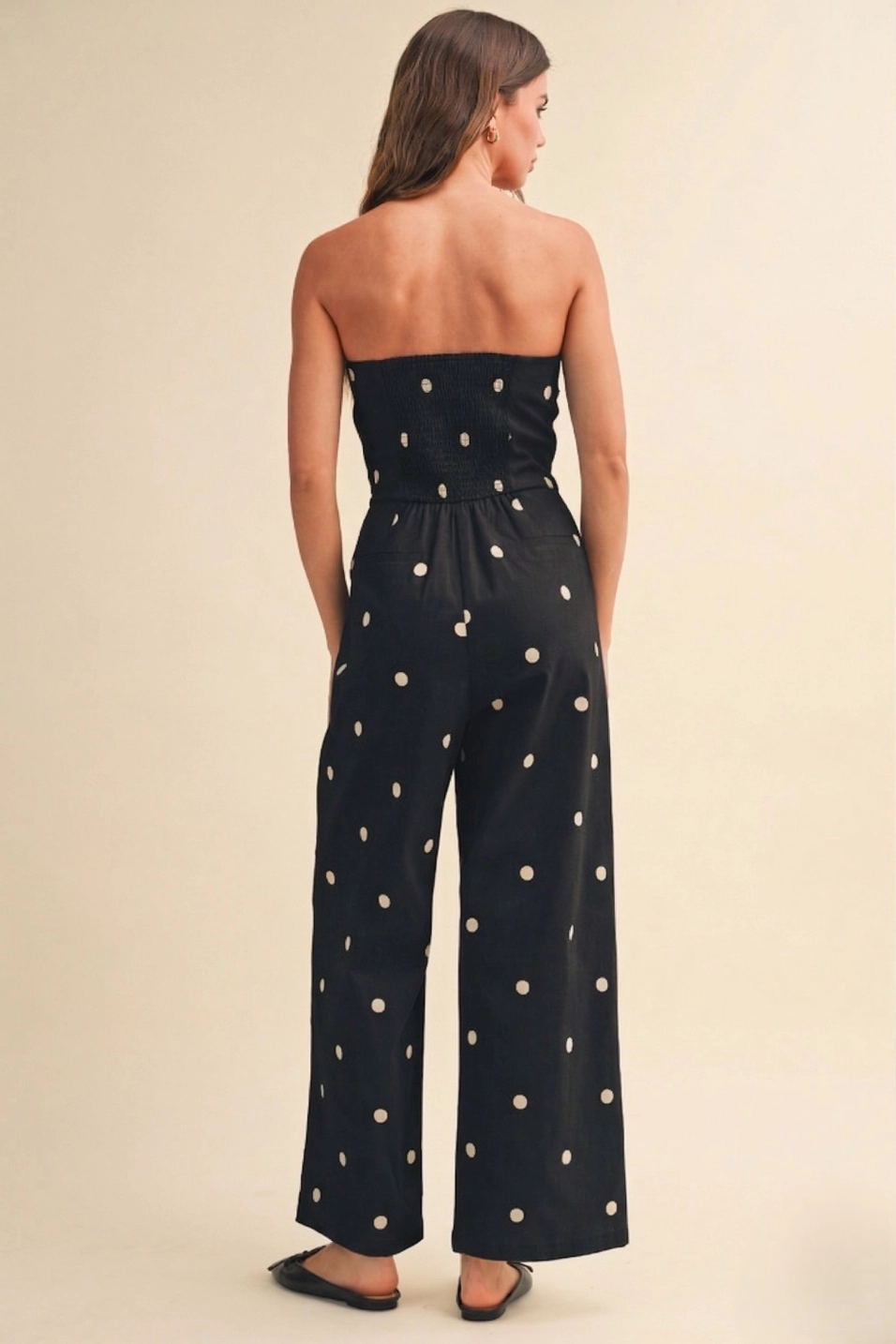 Polka Dot Stretch Twill Strapless Wide Leg Jumpsuit