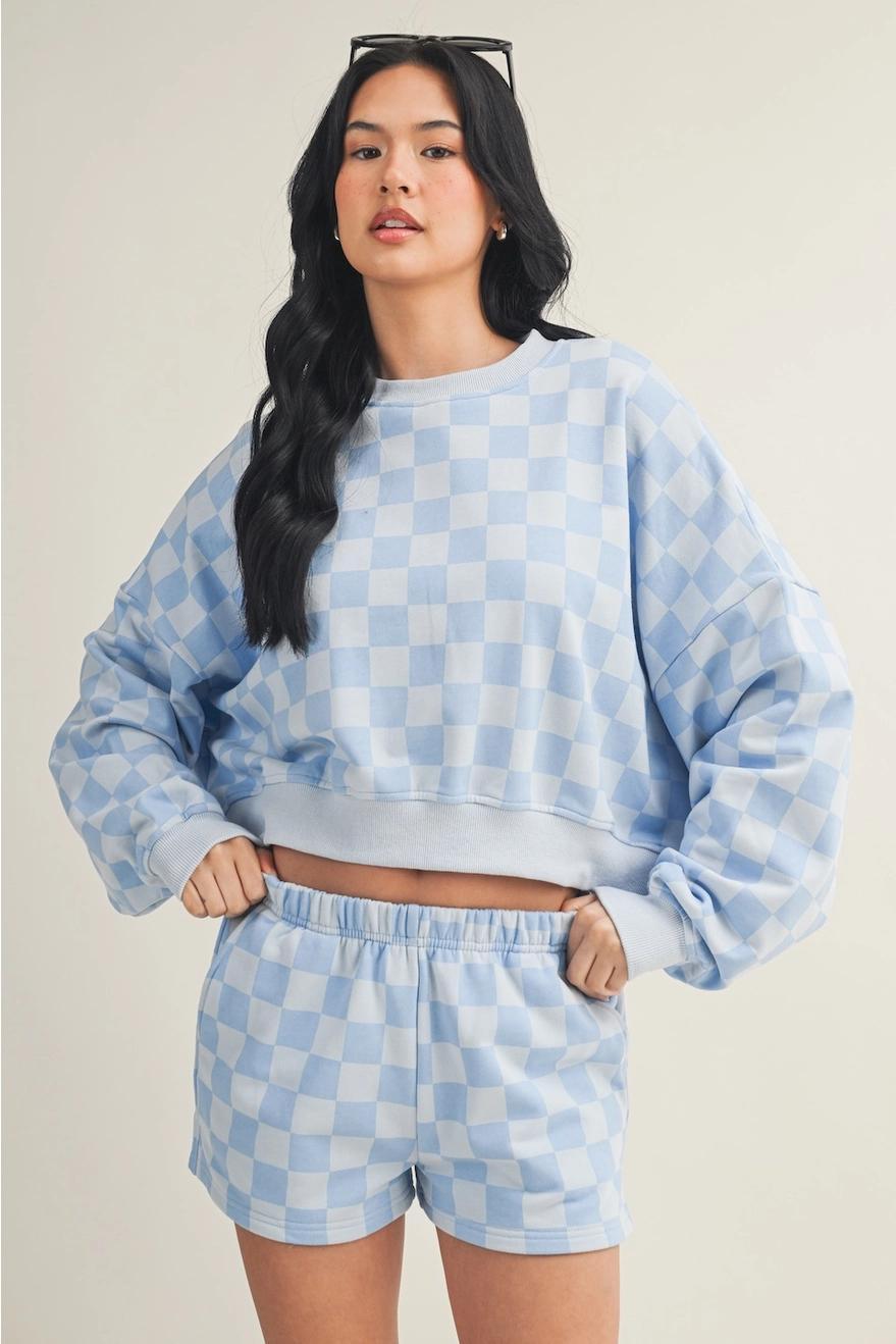 Checkered Print Crewneck Crop Sweatshirt