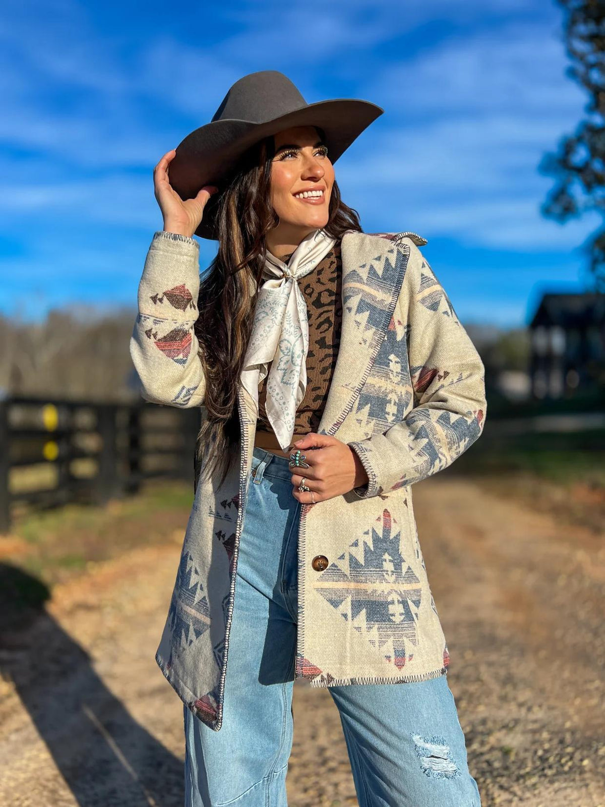 Aztec Long Coat with Blanket Stitching