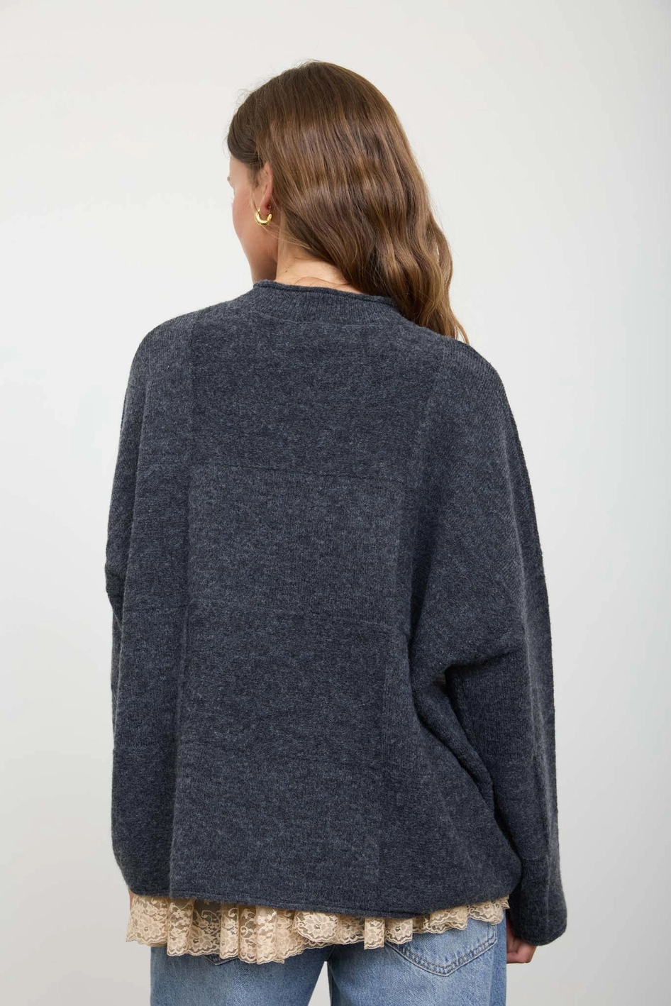 Heathered Checkered Texture Long Sleeve Sweater - Charcoal