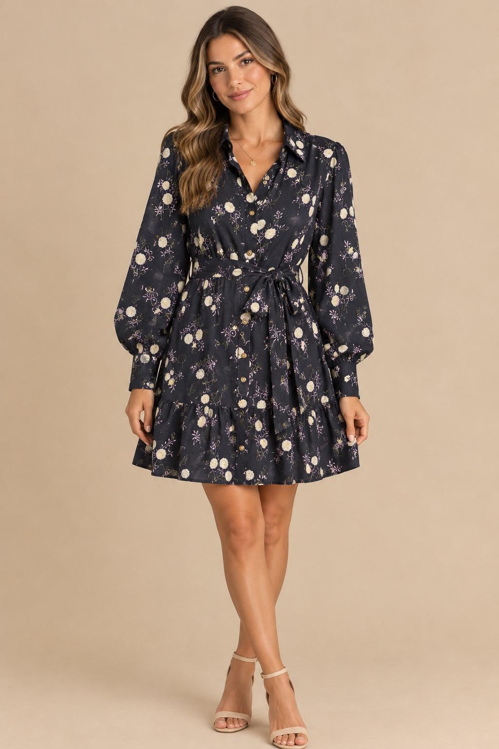 Floral Button Up Shirt Dress - Black