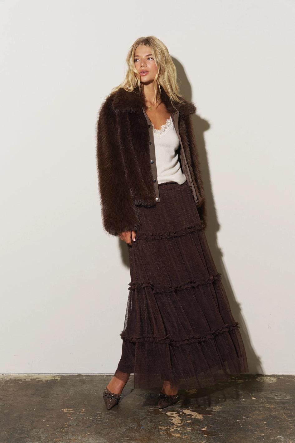 Polkadot Tulle Tiered Midi Skirt - Chocolate Brown