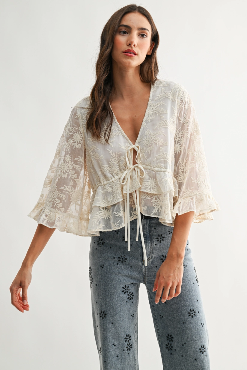 Boho Lace Embroidered Sheer Blouse with Flowy Bell Sleeve