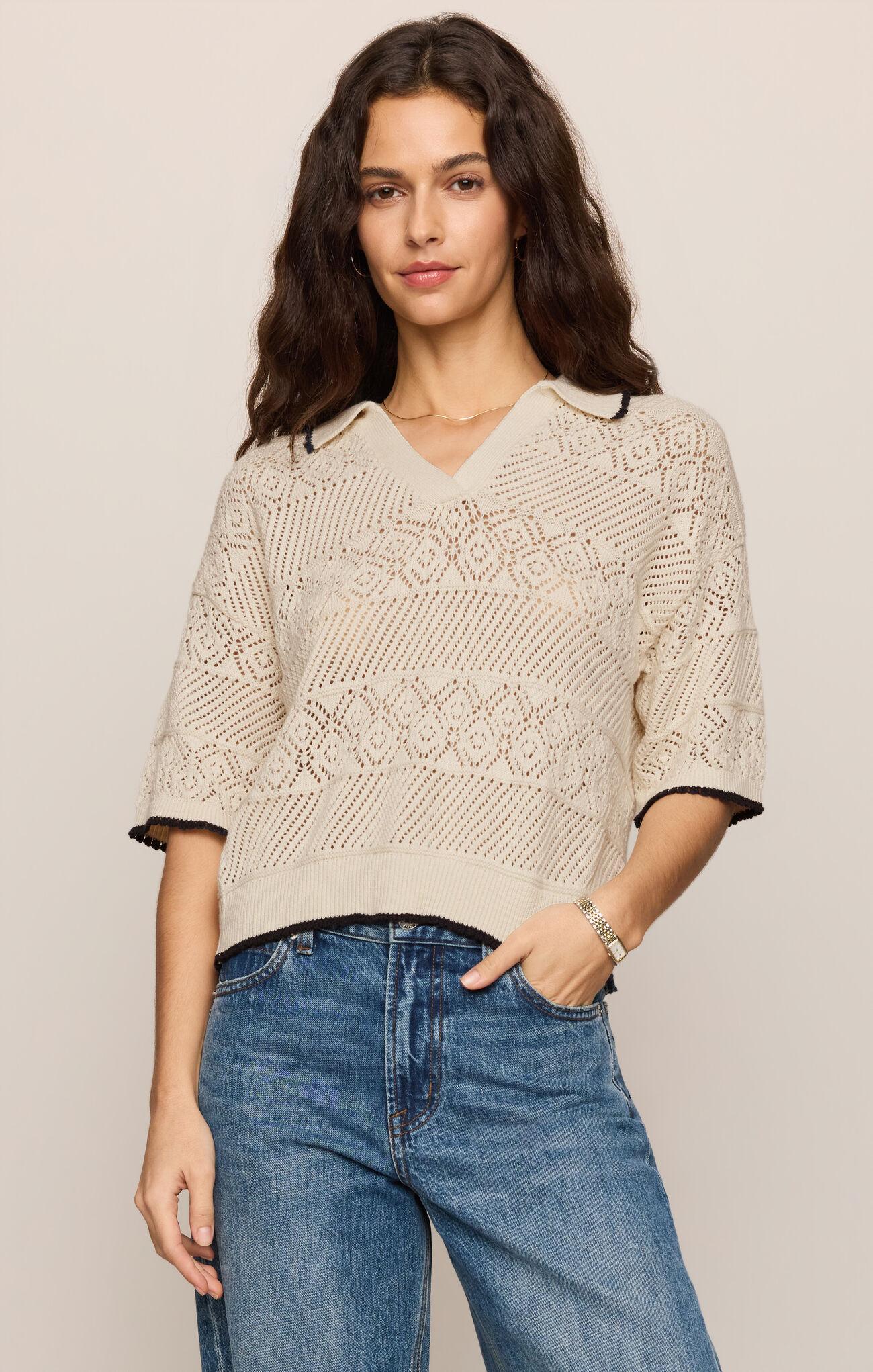 Denman Crochet Polo Sweater - Sandstone