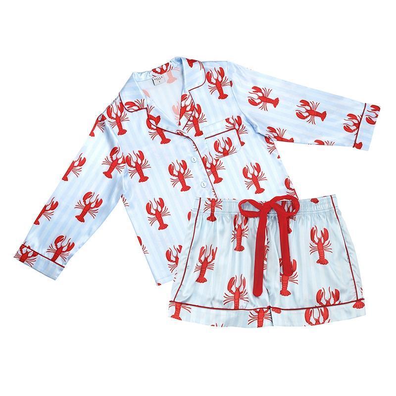 Pjs with Velvet Tie - Blue Stripes + Lobsters