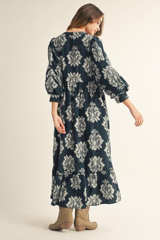 Boho Floral Midi Dress - Navy