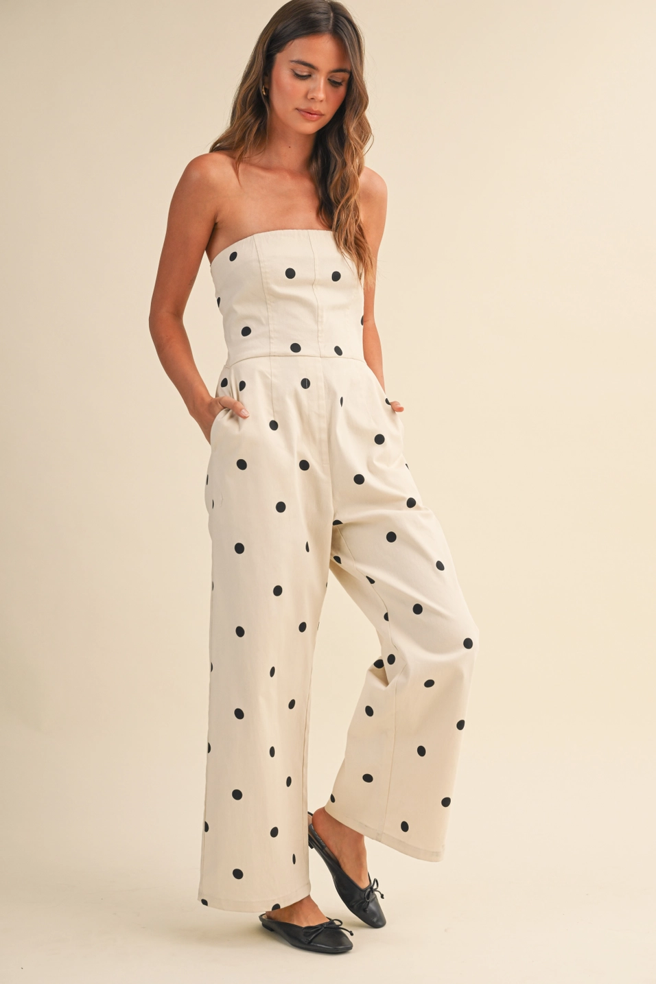 Polka Dot Stretch Twill Strapless Wide Leg Jumpsuit