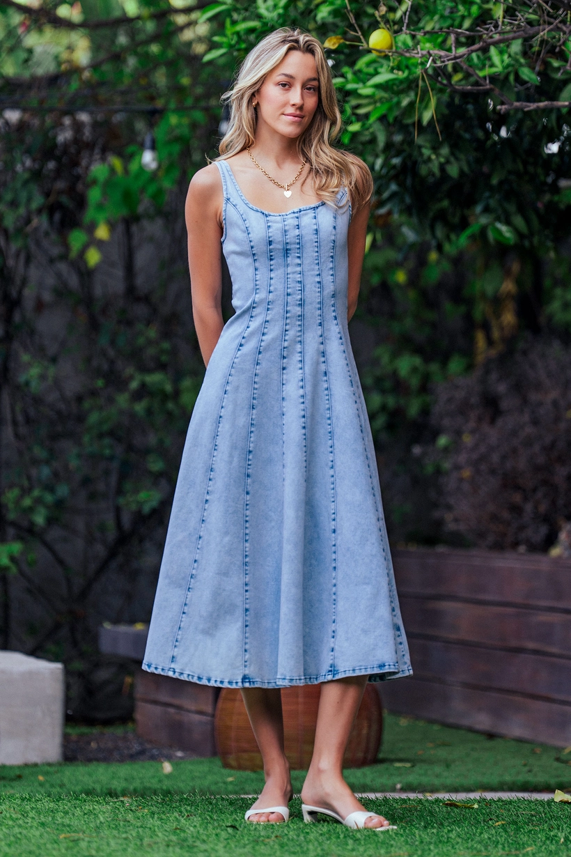 Panelled Denim Midi Dress Exposed Back Zipper - Light Denim