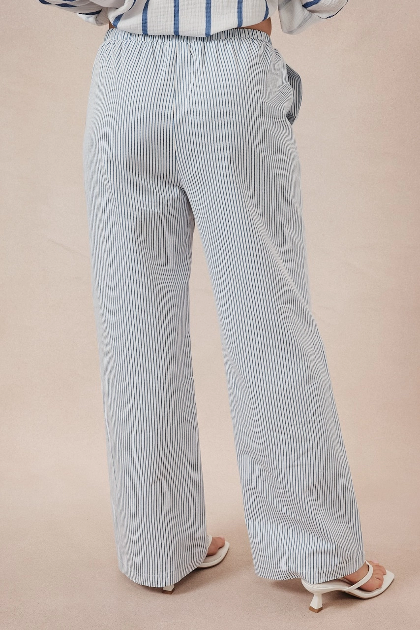 Midi Waist Draw String Stripe Twill Wide Pants - White/Blue Stripe