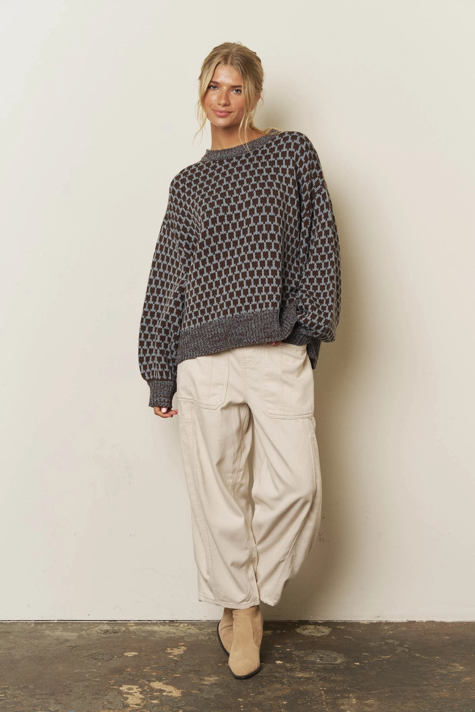 Marled Trim Geometric Pattern Relaxed Sweater