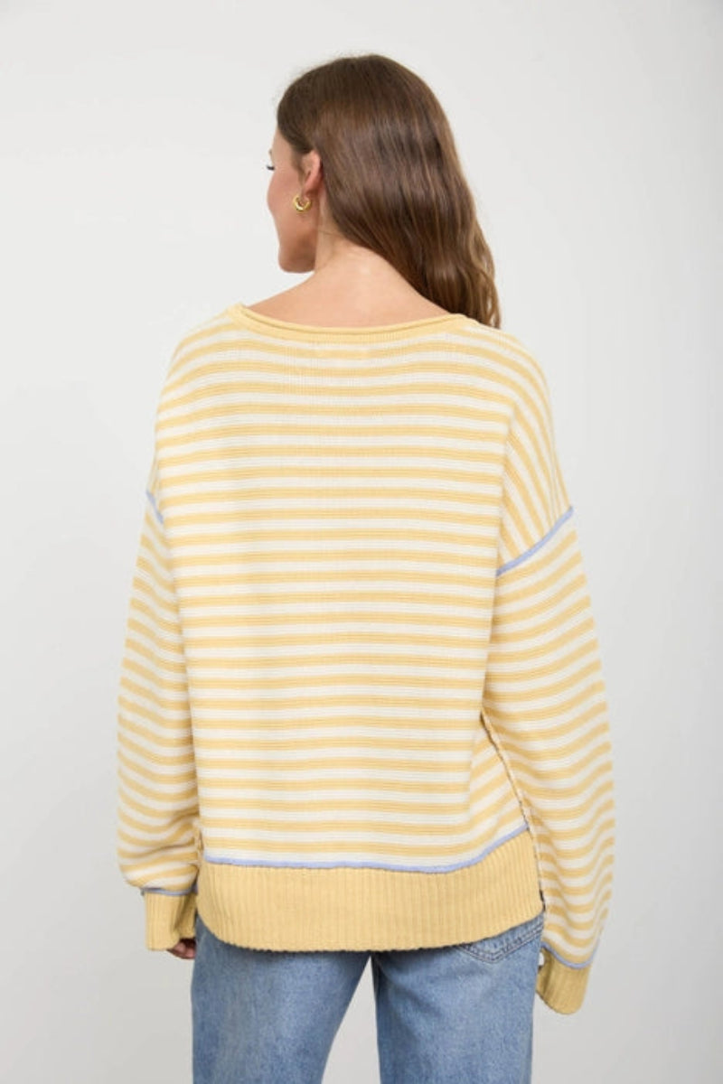 Stripe Contrast Stitch Raw Edge Knit Sweater - Back View
