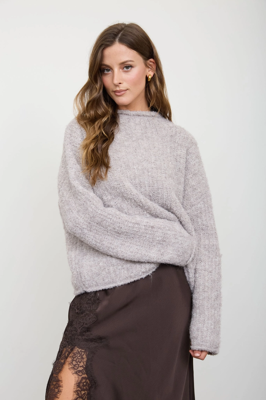 Fuzzy Knit Raw Mock Neck Long Sleeve Knit Sweater - Light Taupe