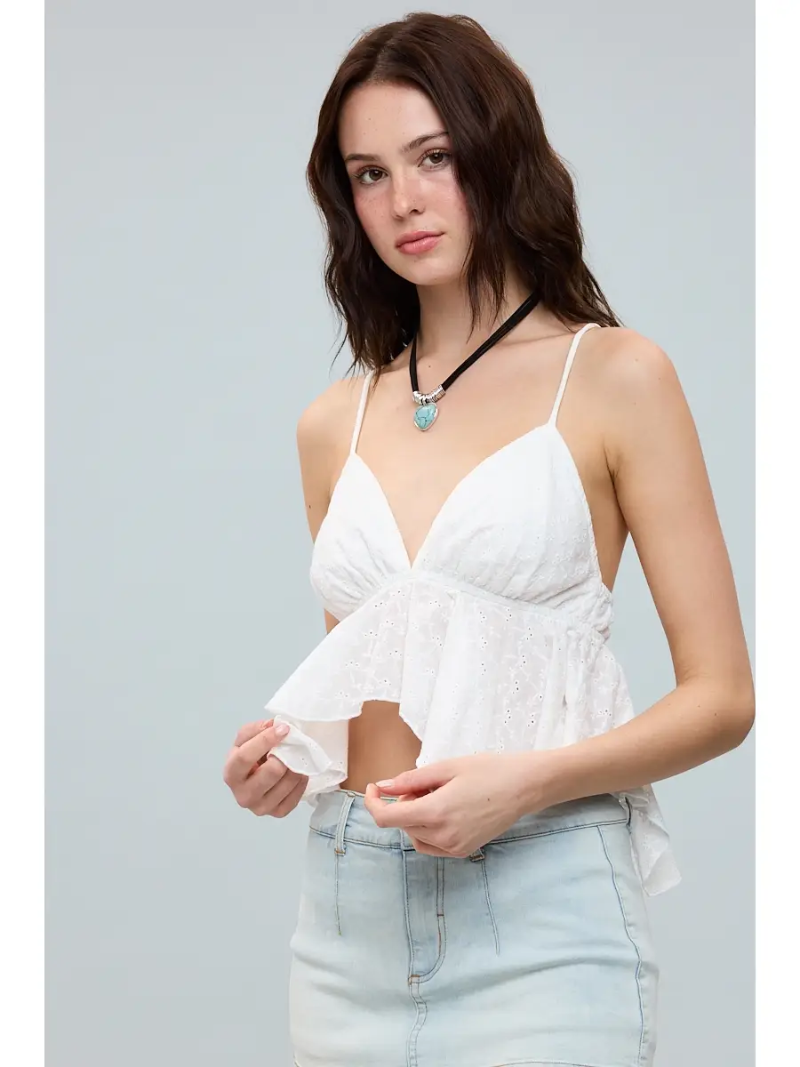 Sky to Moon White Eyelet High-Low Ruffle Sweetheart Crop Top - Front View