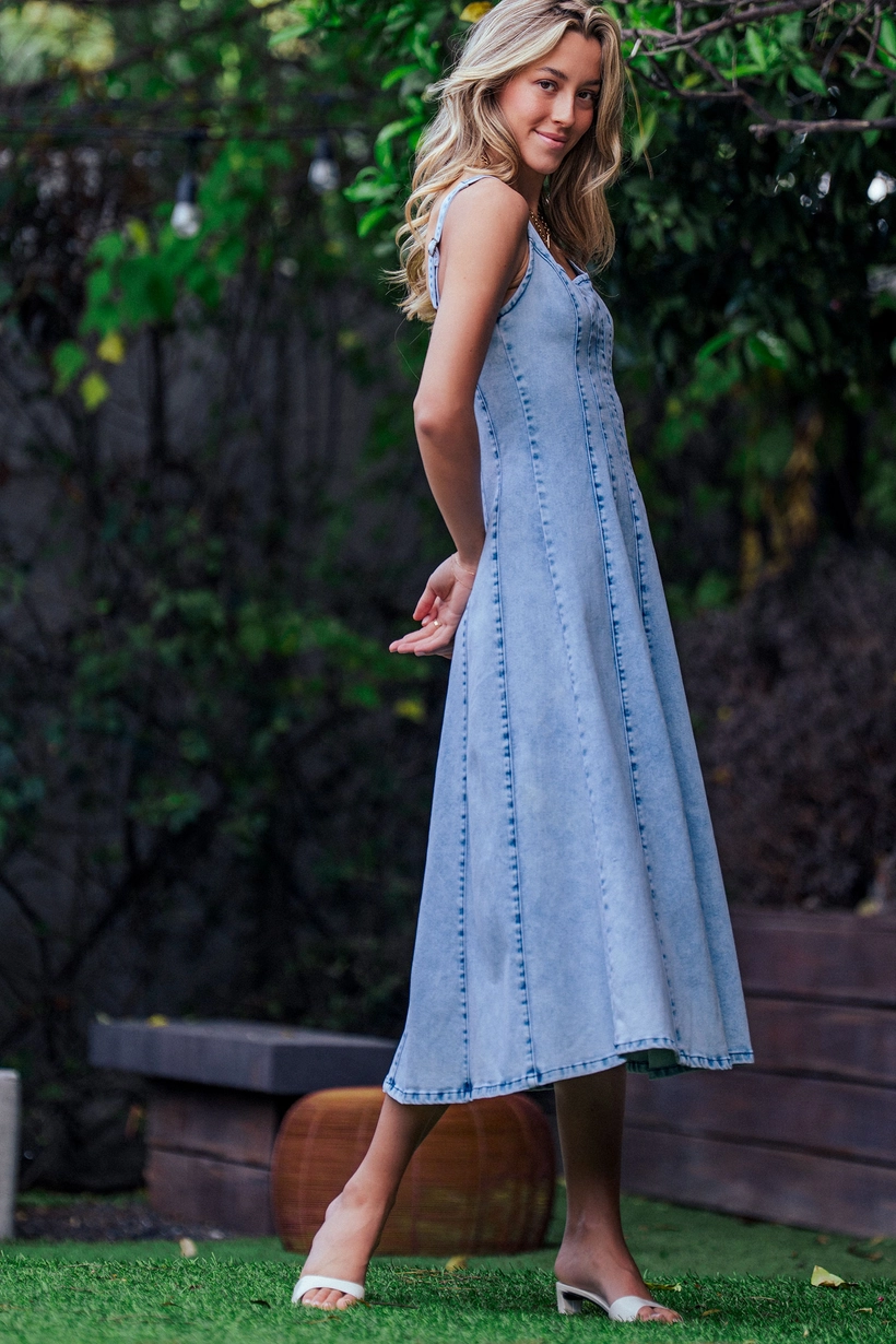 Panelled Denim Midi Dress Exposed Back Zipper - Light Denim