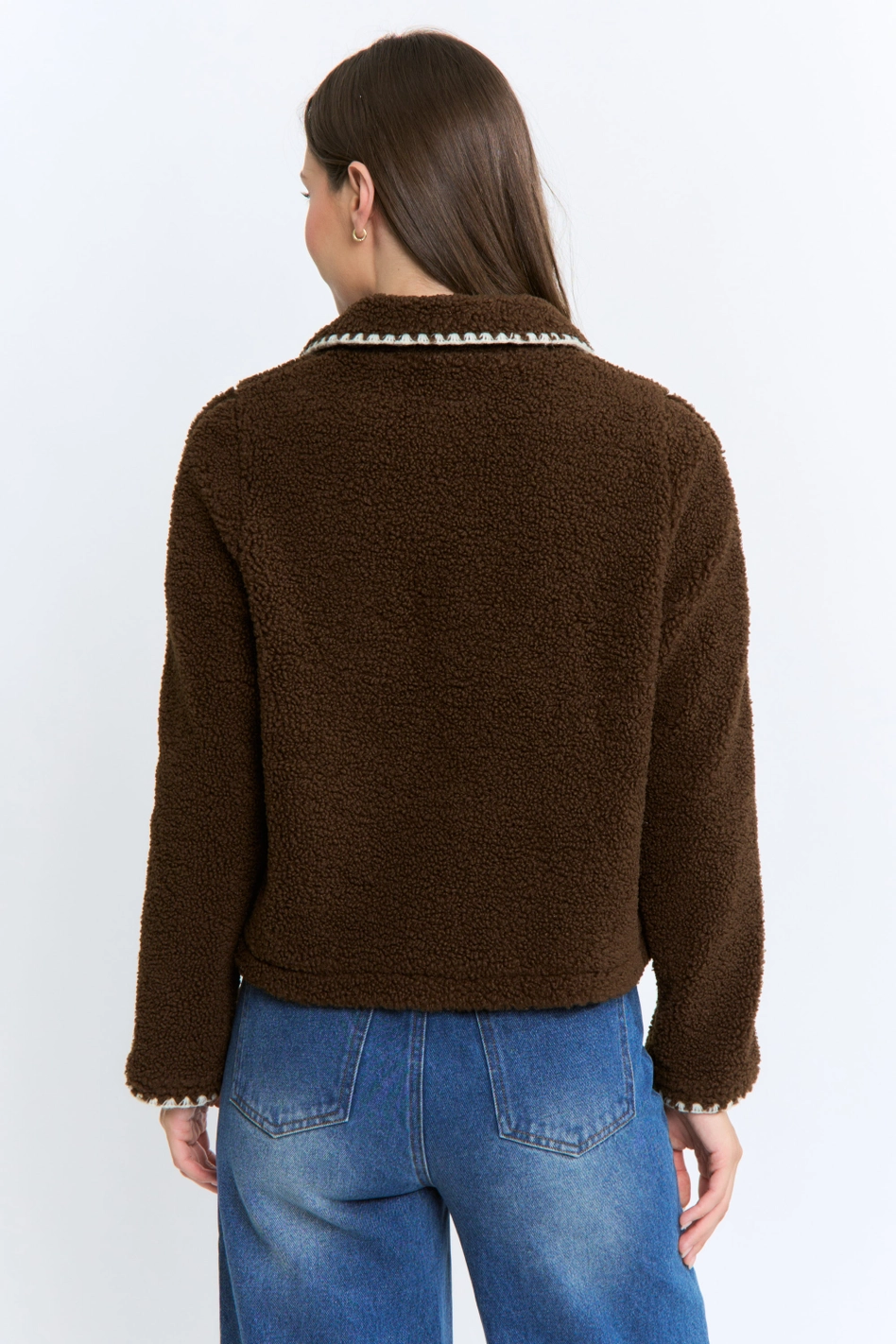 Sherpa Fleece Zip-Up Jacket Contrast Trim