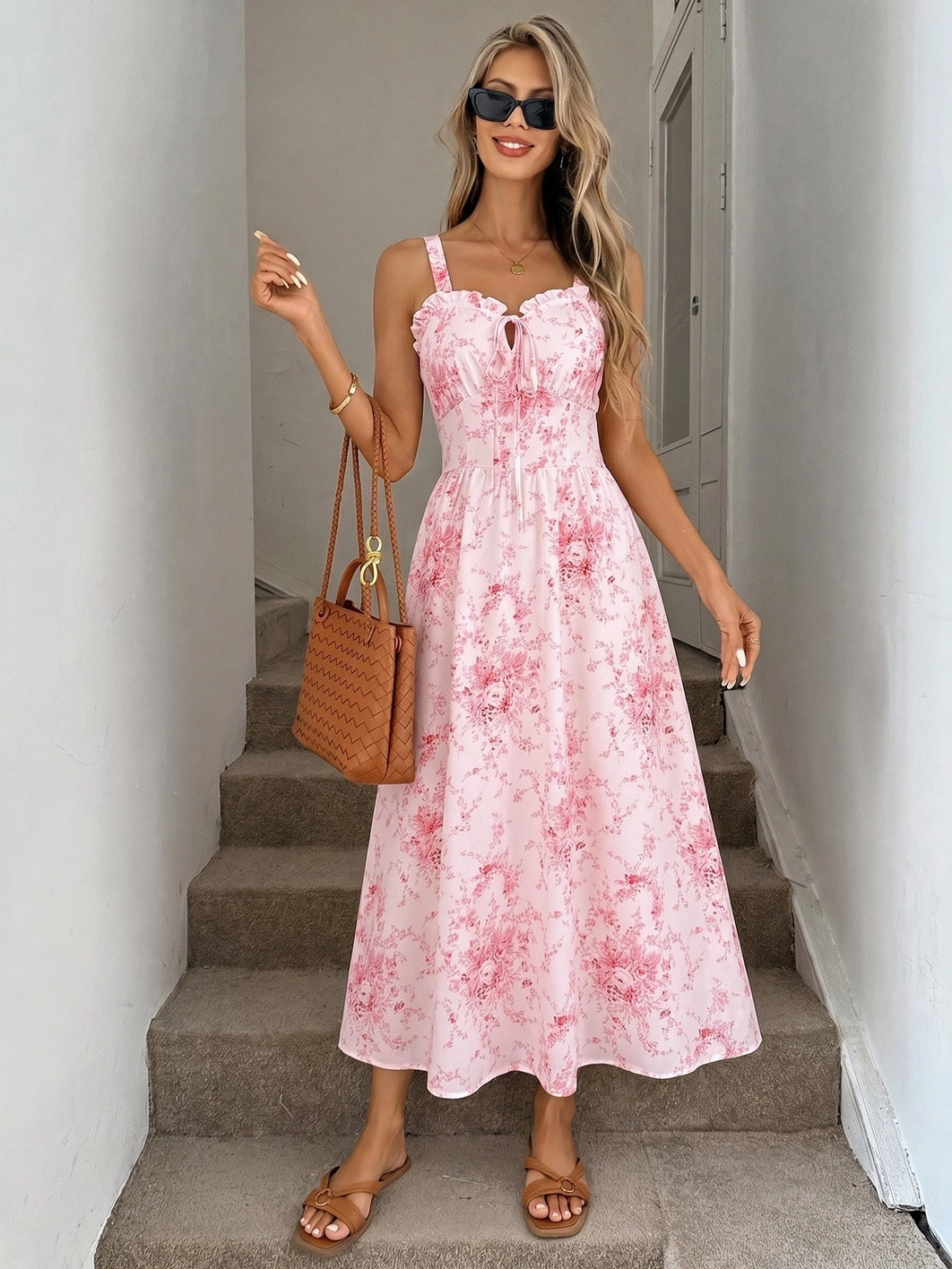 Pink Floral Square Neck Sleeveless Maxi Dress