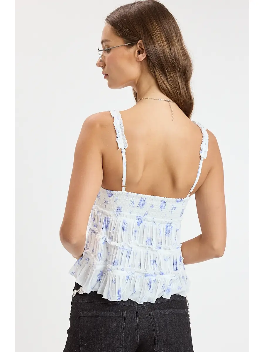 Ribbon Floral Clip Dot Tiered Ruffle Cami Crop Top - Blue Ribbon