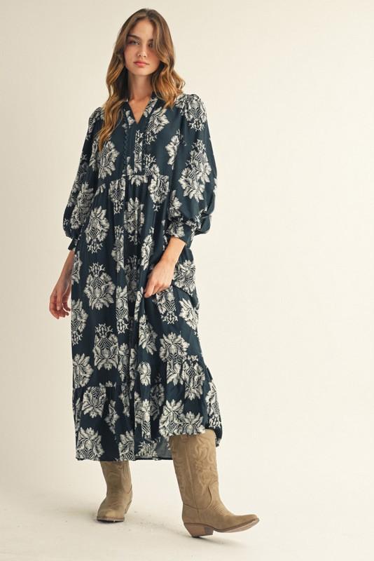 Boho Floral Midi Dress - Navy