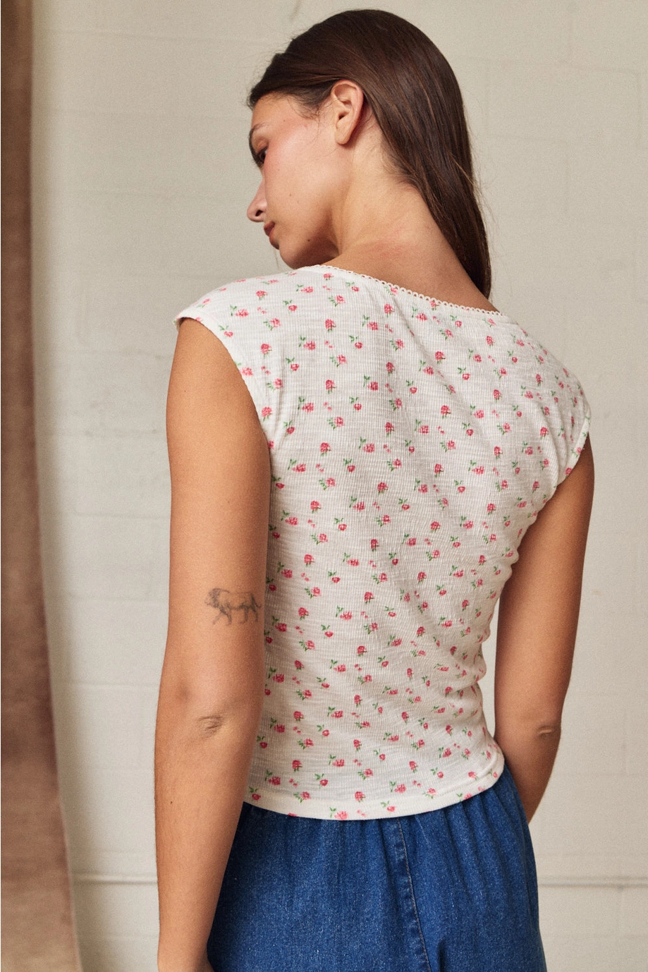 Cap Sleeve Ditsy Floral Print Top