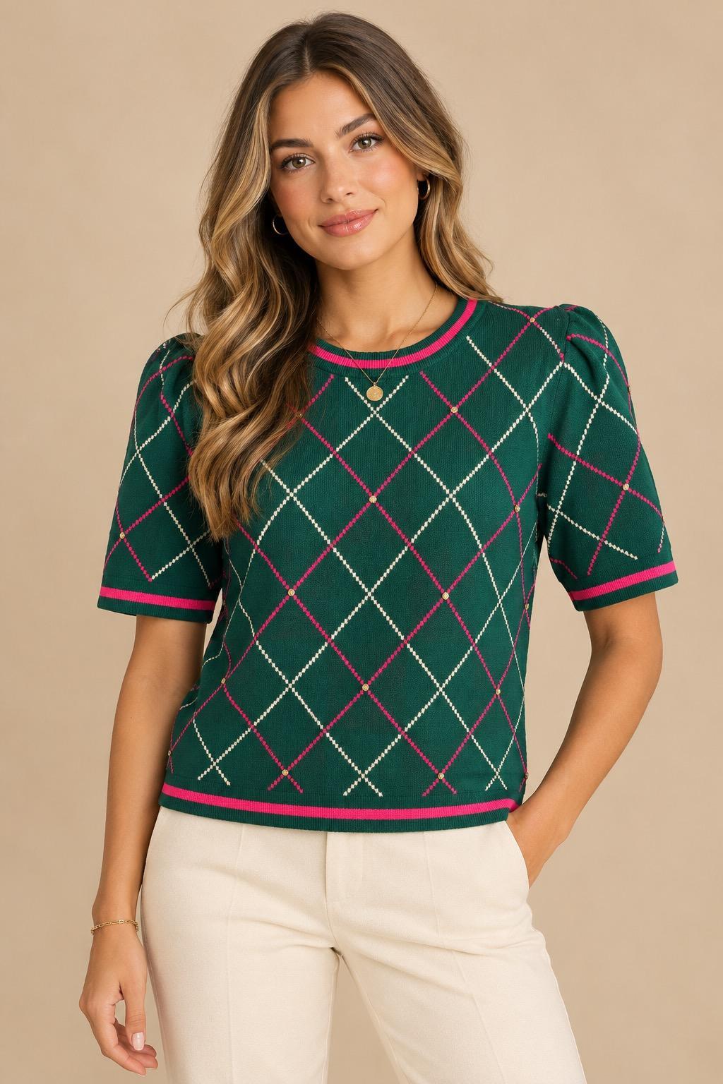 Short Sleeve Crewneck Rhinestone Sweater - Forest