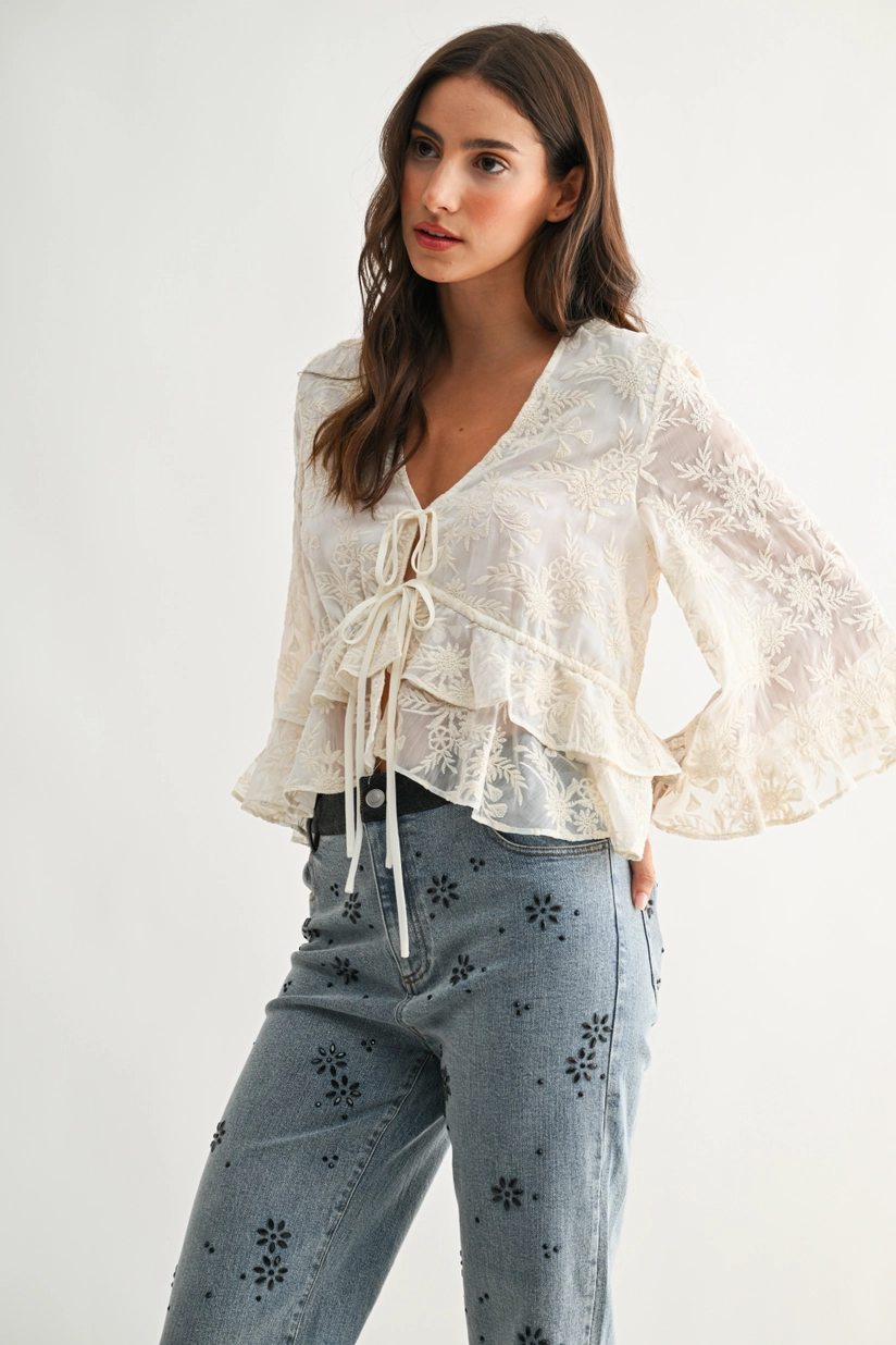 Boho Lace Embroidered Sheer Blouse with Flowy Bell Sleeve
