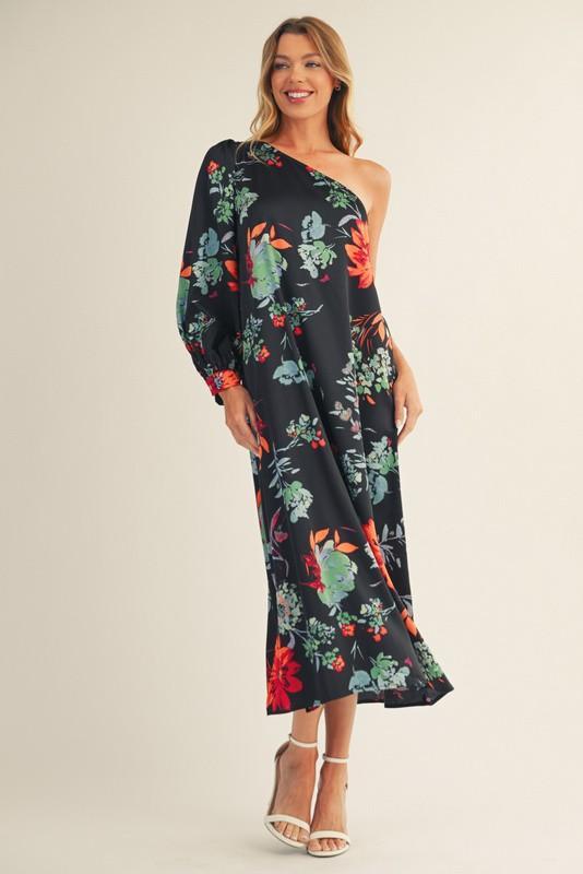 One Shoulder Floral Midi Dress - Black