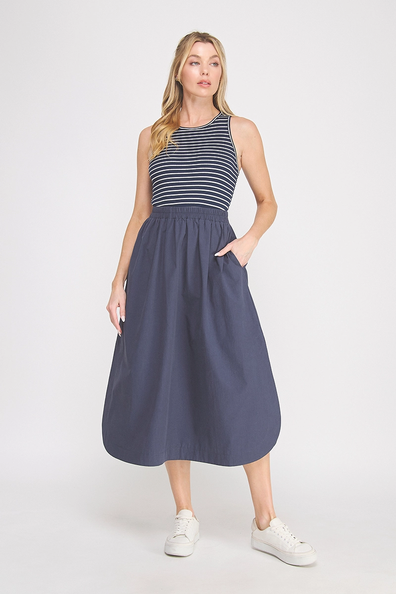Striped Knit Tank Midi Skirt - Navy