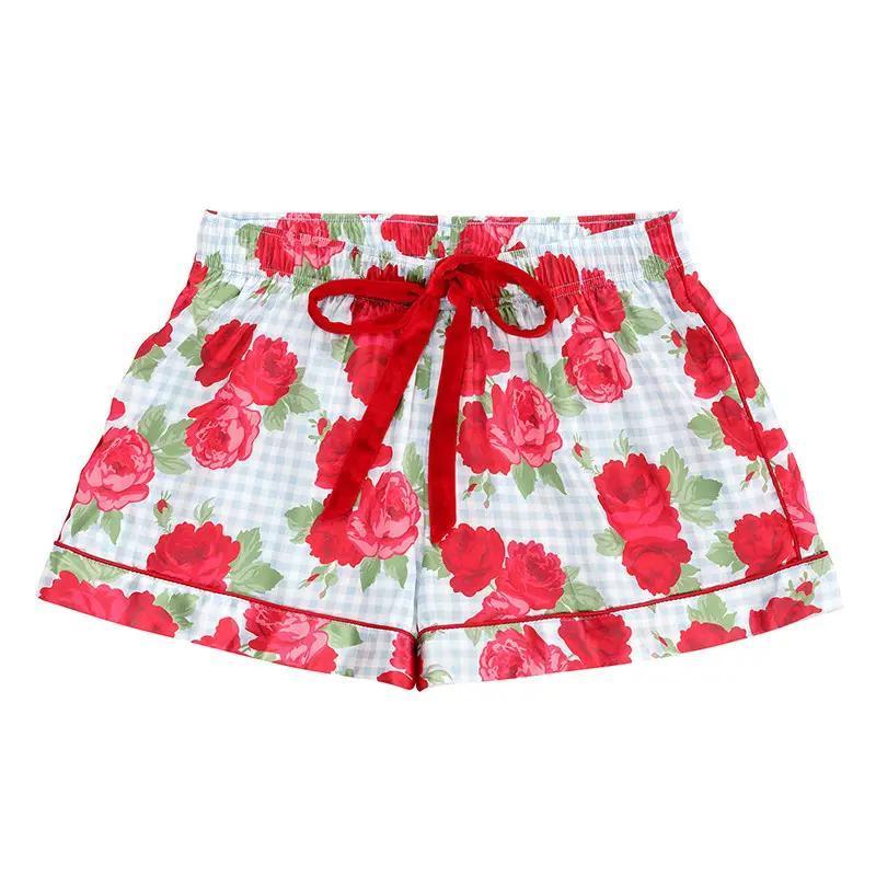 Pjs with Velvet Tie - Blue Gingham + Red Roses