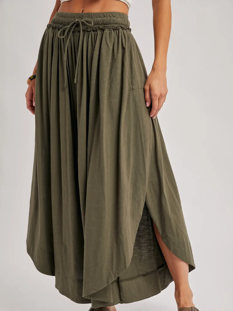Bluivy Bohemian Side Slit Rounded Hem Wide Leg Pants - Front View