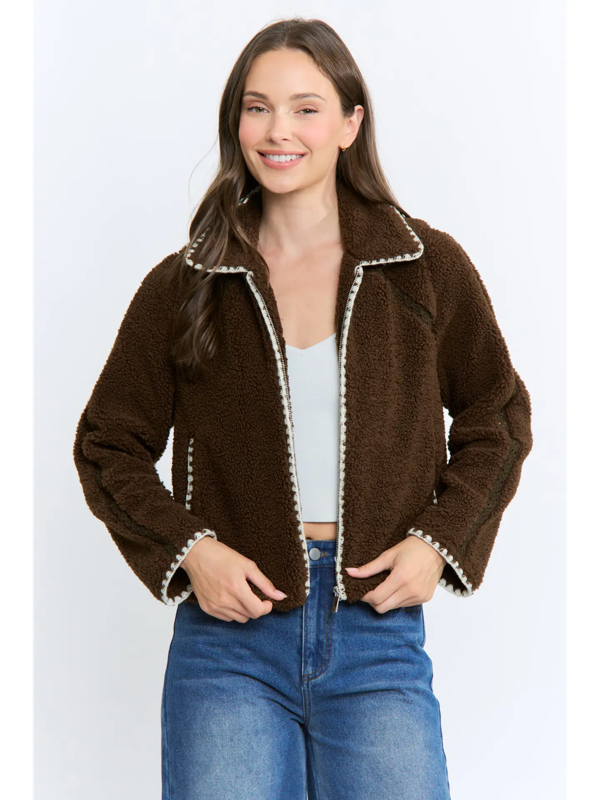 Sherpa Fleece Zip-Up Jacket Contrast Trim