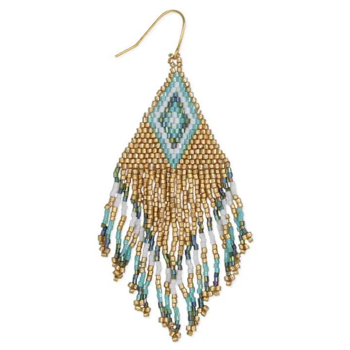 Gold & Teal Woven Beaded Fringe Earrings