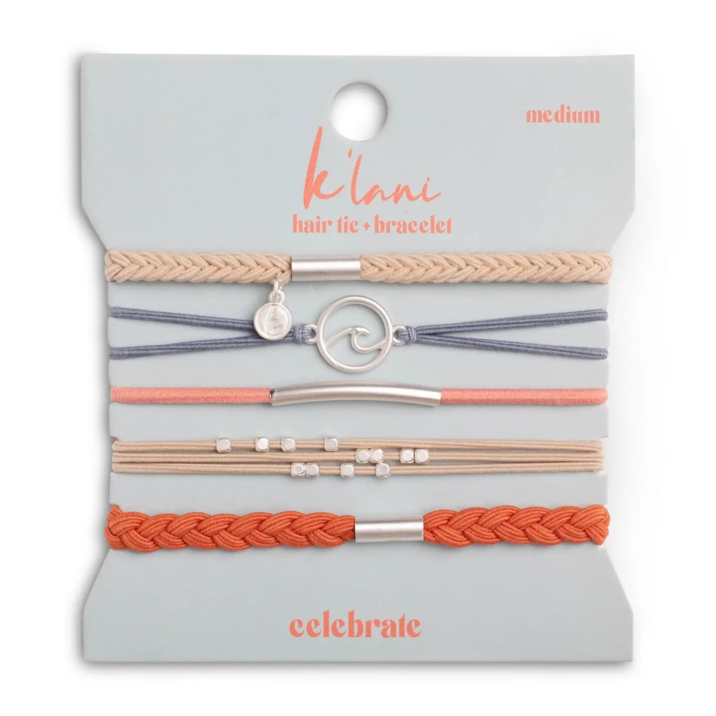 "Celebrate" Blues and Corals with Silver Wave Charm Hair Tie Bracelets - Medium