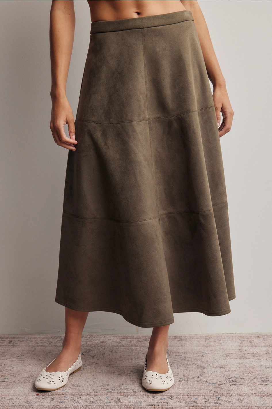 Stretched Suede A-Line Midi Skirt
