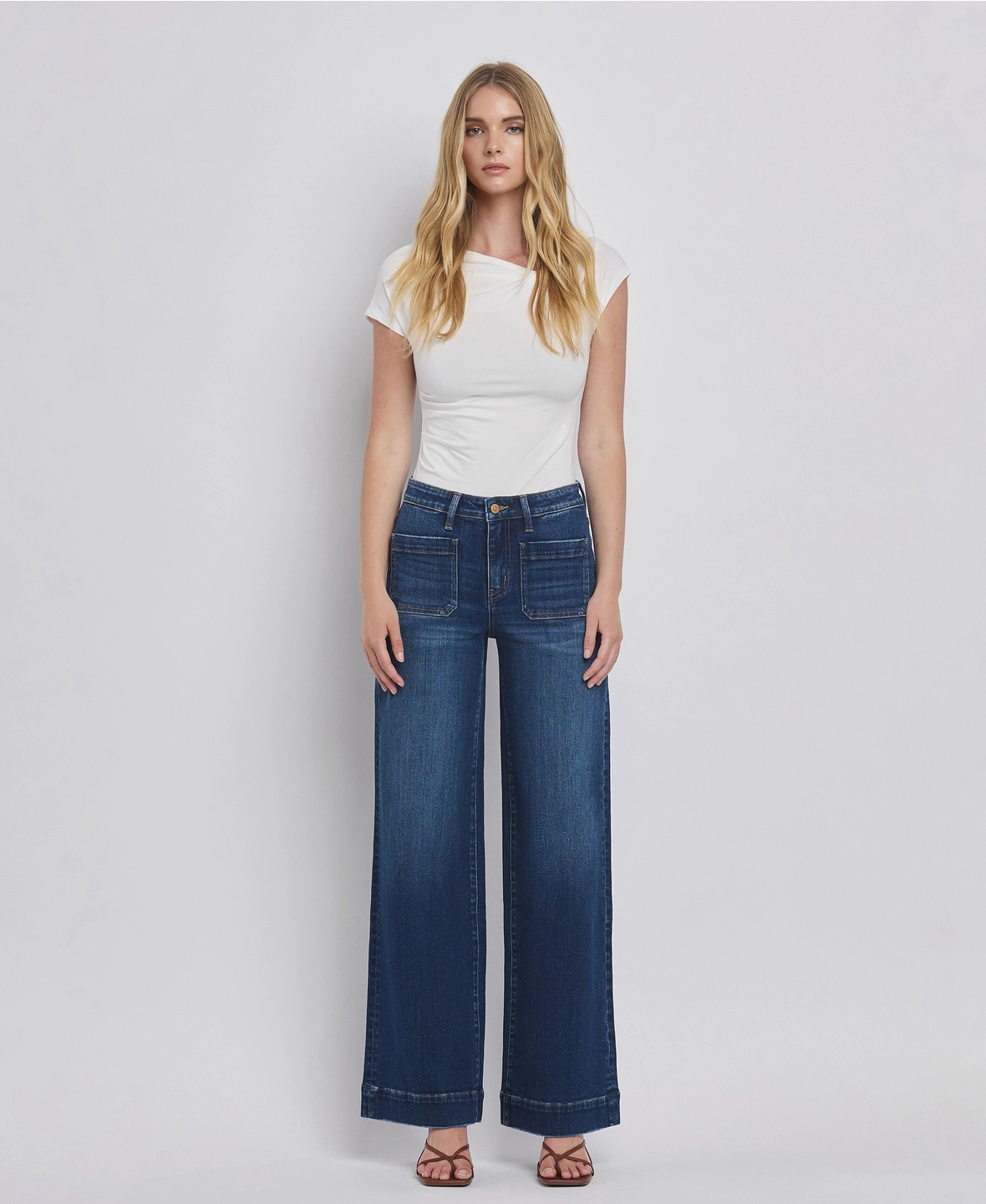 High Rise Patch Pocket Trouser Hem Wide Jeans - Dark Denim