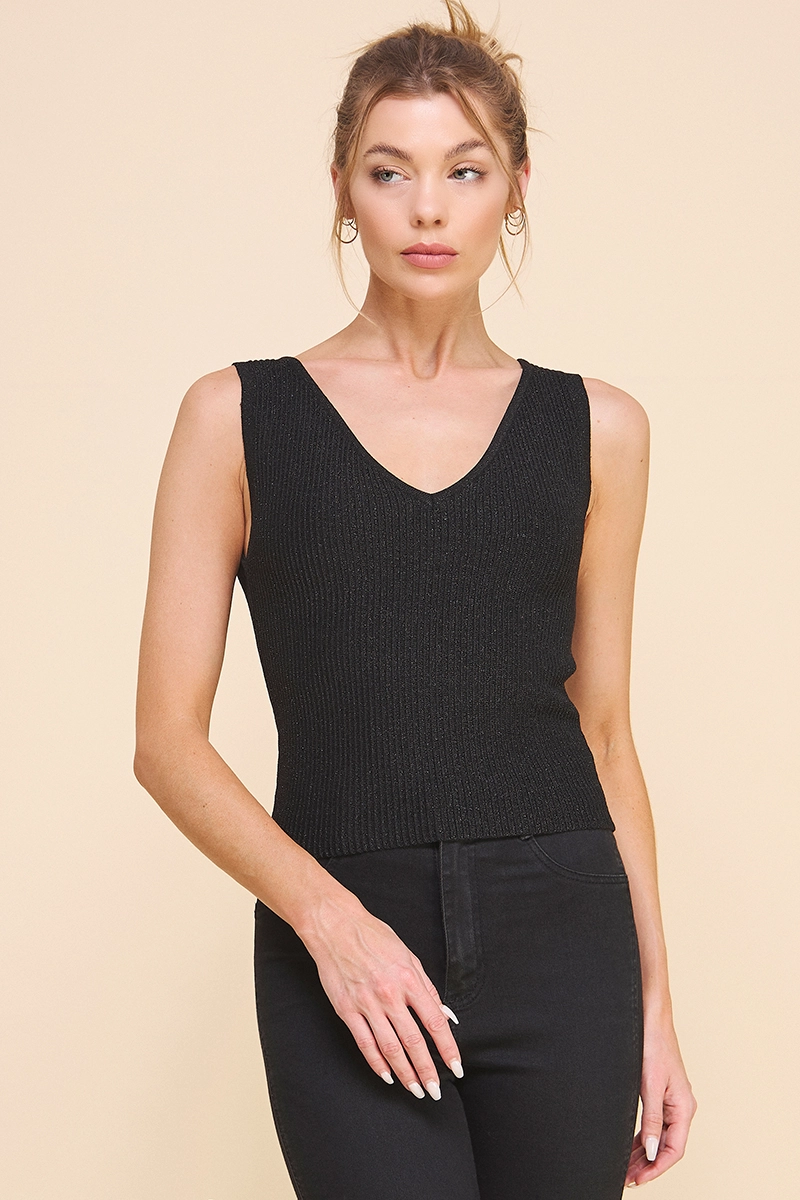 Bodycon Techno Rib V-Neck Tank - Black