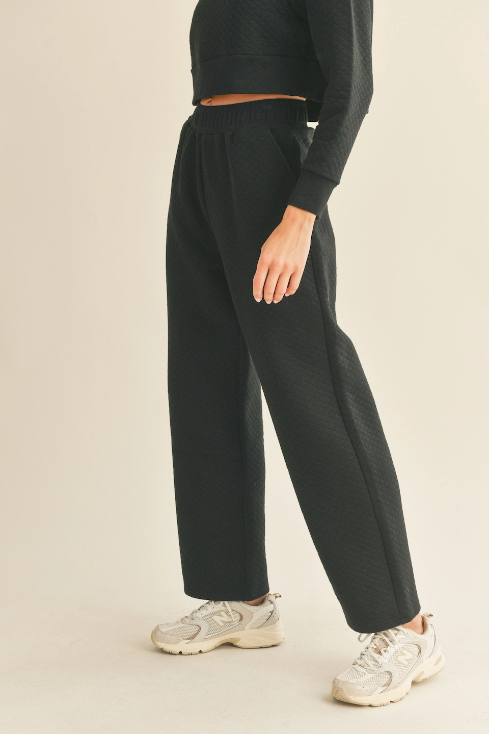 High Waist Quilted Wide Leg Pant - Black