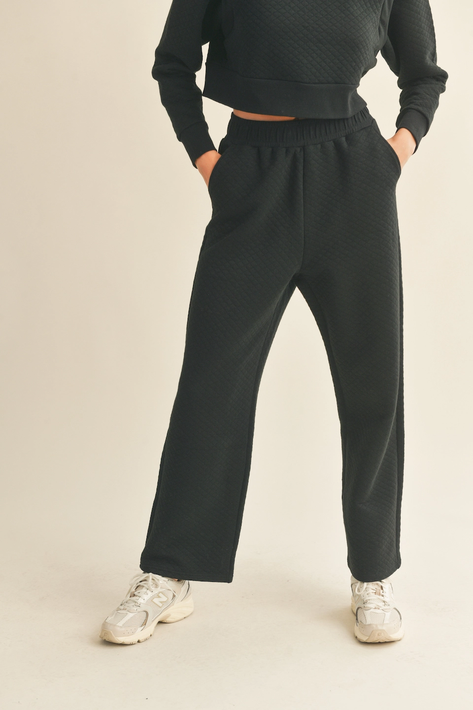 High Waist Quilted Wide Leg Pant - Black