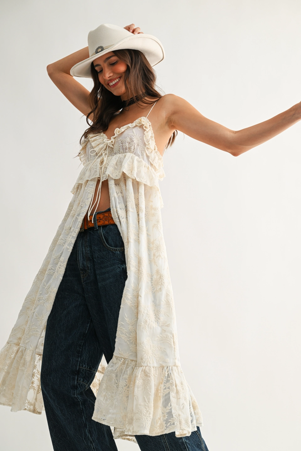 Sheer Floral Lace Ruffle Cover Up Top - Cream
