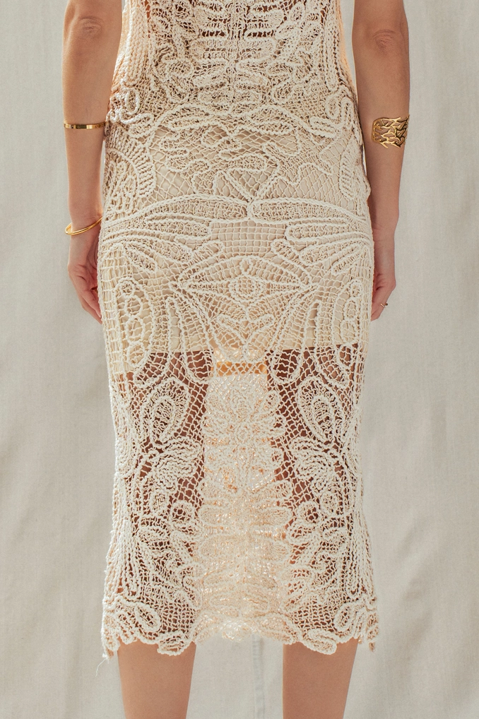 Open-Work Crochet Midi Skirt with Partial Lining - Ivory